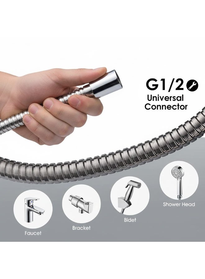 خرطوم دش ستانلس ستيل - وصلة دش ولي شطاف معدني 1.5 متر مرن يدور 360 درجة لمنع التشابك - لي دوش الحمام ، مقاوم للصدأ والضغط العالي (كروم فضي، مقاس G1/2) - Image 2